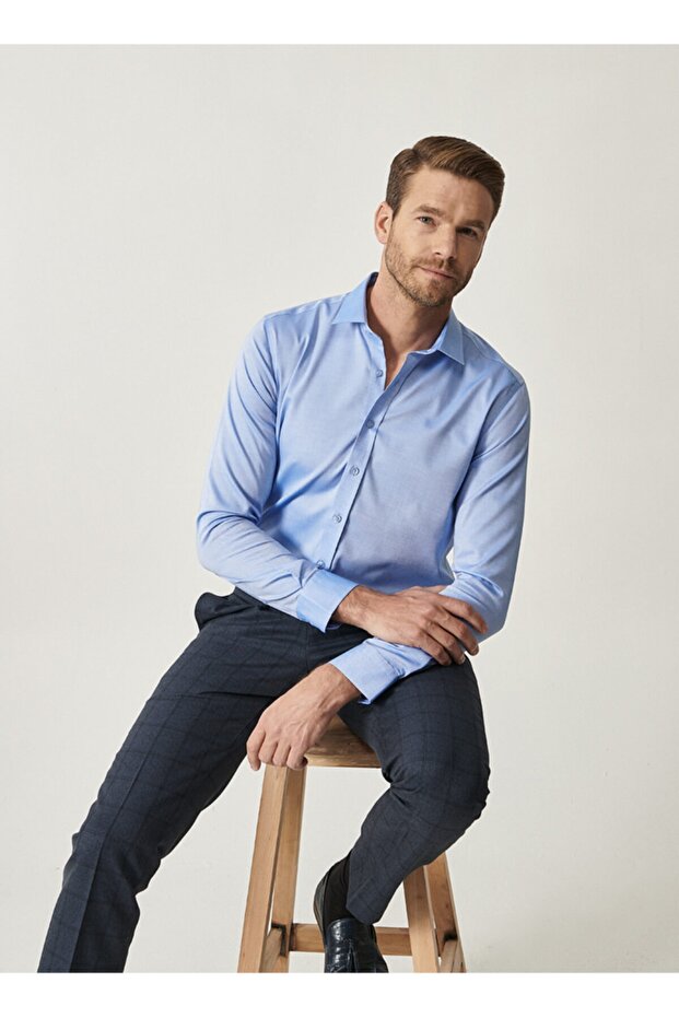 Men's Blue Iron-Free Non-iron Slim Fit Slim Fit 100% Cotton Shirt