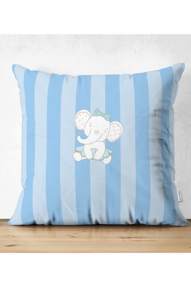 Double Sided Blue Striped Elephant Motif Baby Room Suede Pillow Throw Pillow Cover