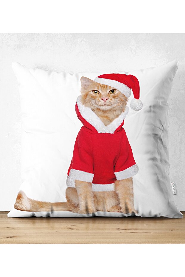 غطاء وسادة من جلد الغزال الحديث ذو الوجهين مطبوع رقميًا على شكل قطة مع ملابس عيد الميلاد