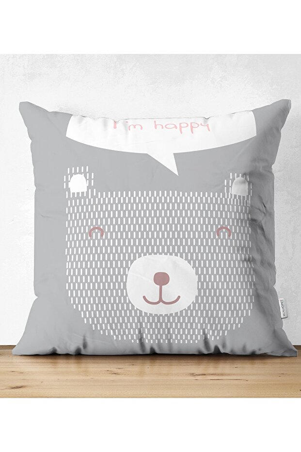 Happy Teddy Bear on Pink Floor Patterned Baby Room Pillow Cushion Cover