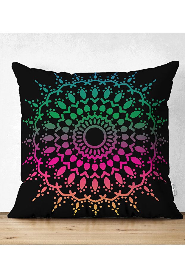 Double-Sided Black Background with Pink and Green Mandala Motif Suede Throw Pillow Cover