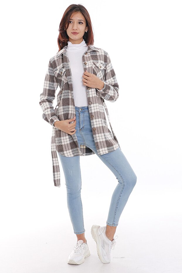 Women's Brown Plaid Lumberjack Belted Jacket Shirt