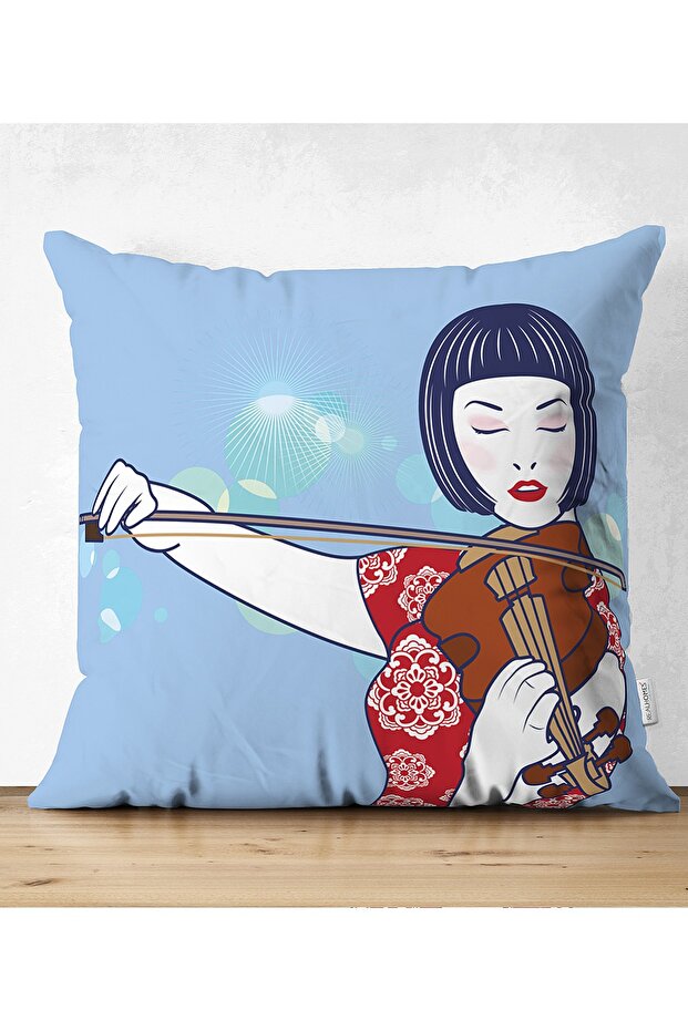 Japanese Girl Playing Violin on Blue Background Patterned Decorative Throw Pillow Cover