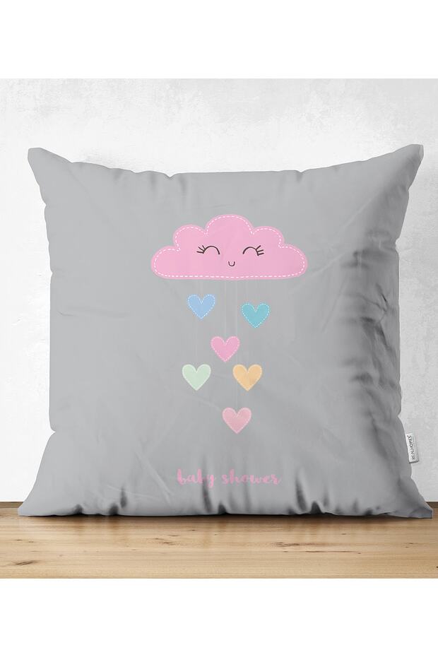 Double Sided Pink Cloudy on Gray Floor Baby Shower Children's Room Suede Pillow Cushion Cover