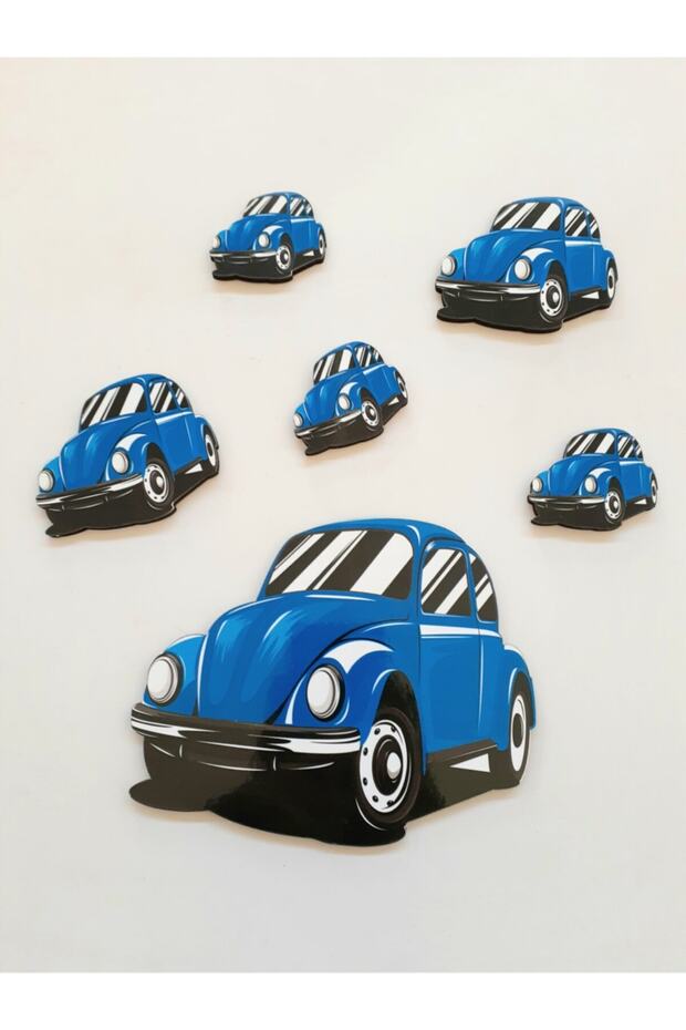 Woswos 6 Pieces Blue Wooden Wall Sticking Ornament with Car Figure