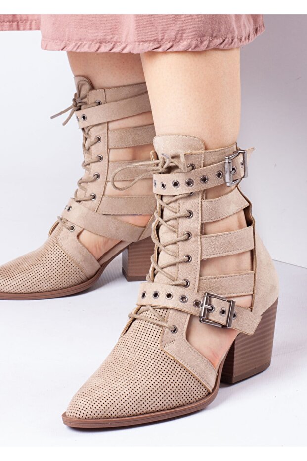 Women's Back Zippered Double Buckle Adjustable and Tied Summer Boots Tan
