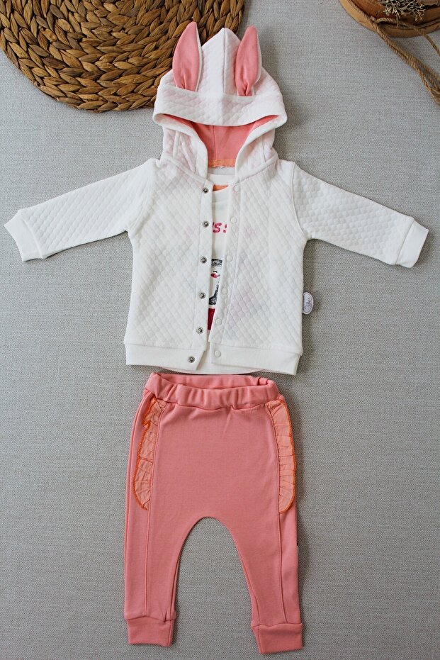 Rabbit Girl Baby Girl Jacket 3 Piece Set Ecru
