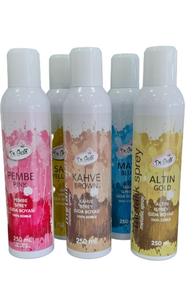Dr Gusto 5 Li Set Sarı/pembe/ Mavi /altın/kahve Yenilebilir Sprey Boya 250ml - 1