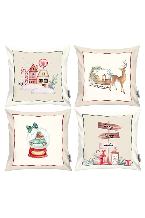 Winter / Winter New Year, Bohemian, Modern Double Side Printed 4-Piece Throw Pillow Cover Cream, Red
