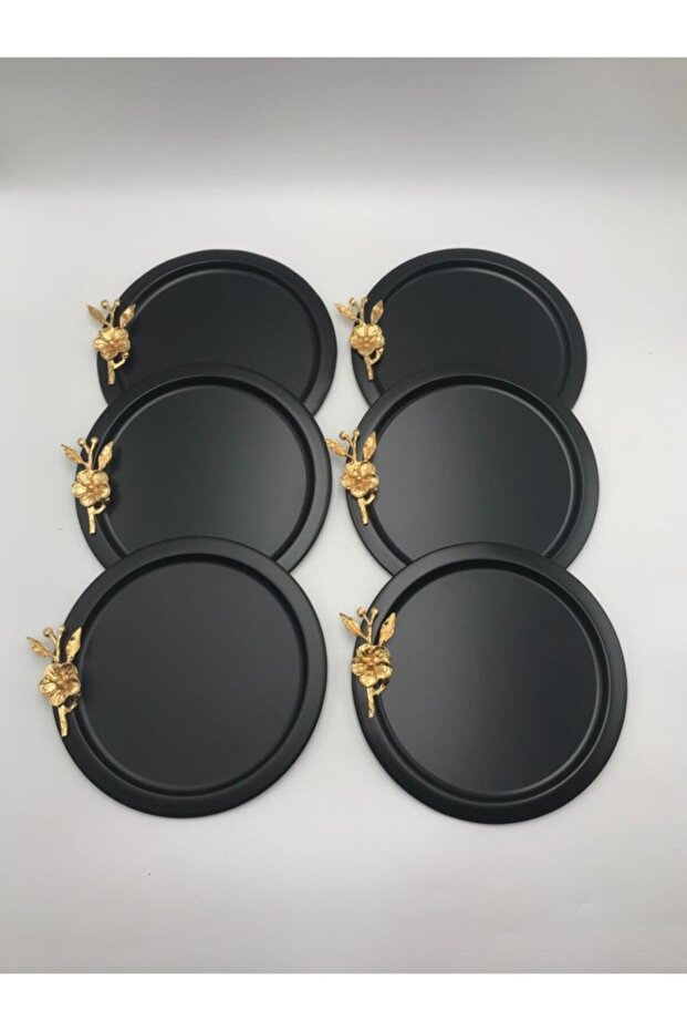 6-Piece Round Gold Floral Black Presentation Tray, Decorative Serving Tray Tea Coffee 24 Cm