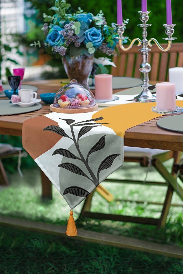 Special Design Tufted Chenille Triangle Runner with Colorful Background and Onedraw Drawing Leaf Pattern