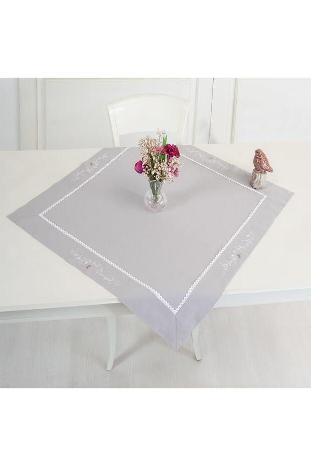 Gray - White Buldan Fabric Elegant Embroidered 90X90 cm Tablecloth
