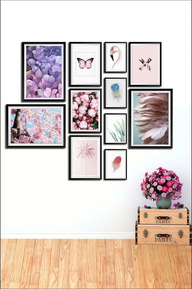 11 Parça Ahşap Tablo Seti - Mor Pembe Çiçekler Salon Otuma Yatak Odası Için Duvar Dekoru 90x65 Cm - 1