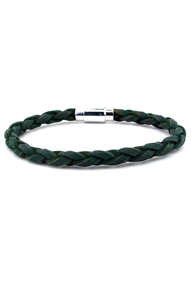 Green Real Braid Leather Metal Magnet Men's Bracelet M019b