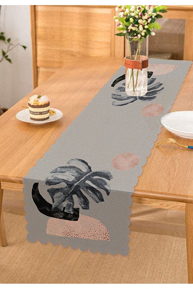 Tropical Leaf Pattern Printed Runner on Gray Background - 1