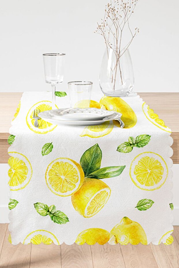 Lemon on White Background Patterned Digital Printed Special Design Runner - 2