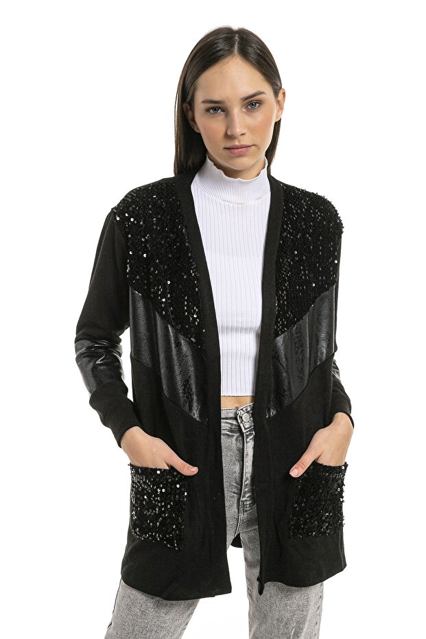 Women's Black Sequined Leather Garnished Cardigan