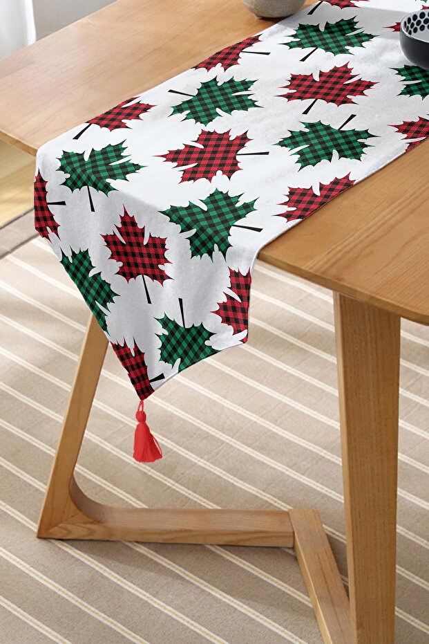 Checked Autumn Leaf Patterned Digital Printed Tasseled Chenille Triangle Runner on White Background - 2