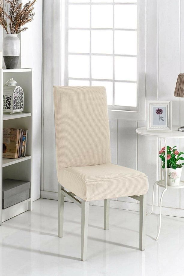 6adet Likrali Sandalye Kılıfı, Sandalye Örtüsü Yıkanabilir Piti Kare Desen Krem Kemik - 1