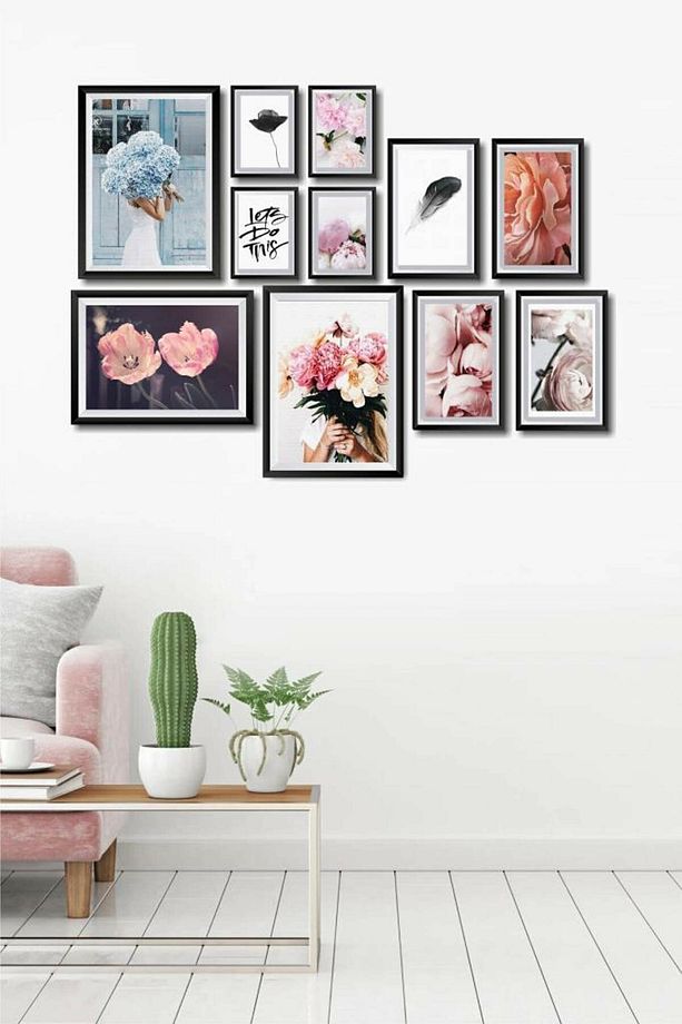 11 Parça Ahşap Tablo Seti Mavi Ve Pembe Çiçekler Salon Otuma Yatak Odası Için Duvar Dekoru 90x65cm - 1
