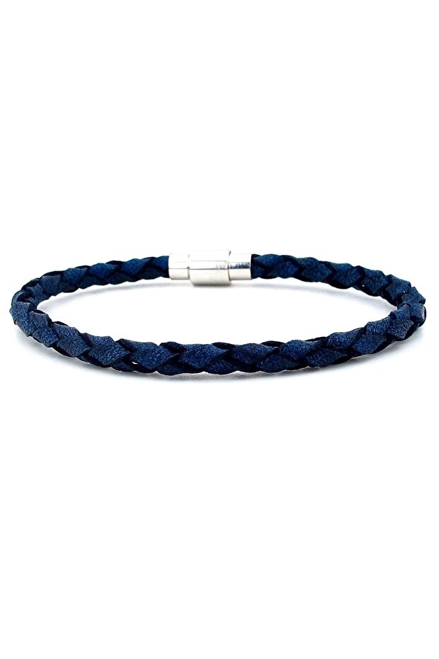 Navy Blue Genuine Hair Braid Leather Metal Magnet Men's Bracelet M019g