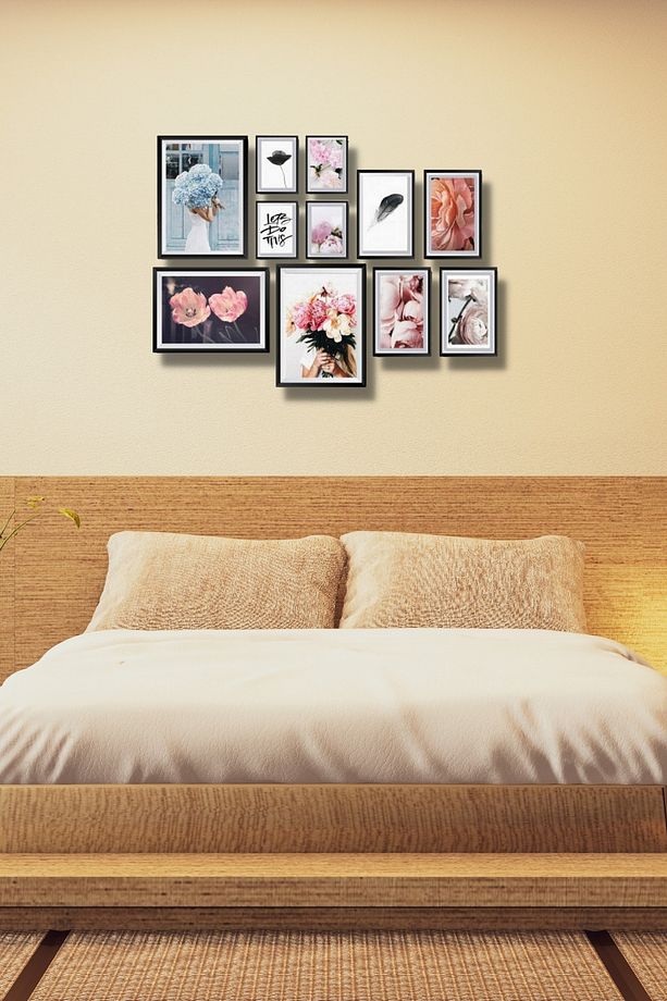 11 Parça Ahşap Tablo Seti Mavi Ve Pembe Çiçekler Salon Otuma Yatak Odası Için Duvar Dekoru 90x65cm - 3