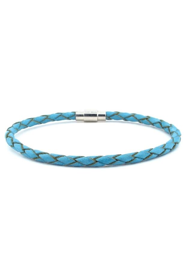 Blue Genuine Hair Braid Leather Metal Magnet Men's Bracelet M018c