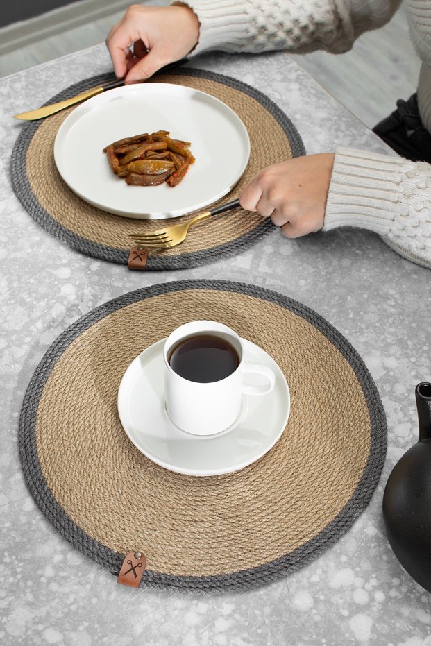 2 Pieces 32cm Round Gray Striped American Service Wicker Jute Braid Supla Presentation Set