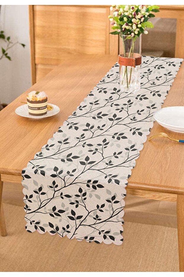 Digital Printed Decorative Runner with Gray Background and Leaf Pattern - 1