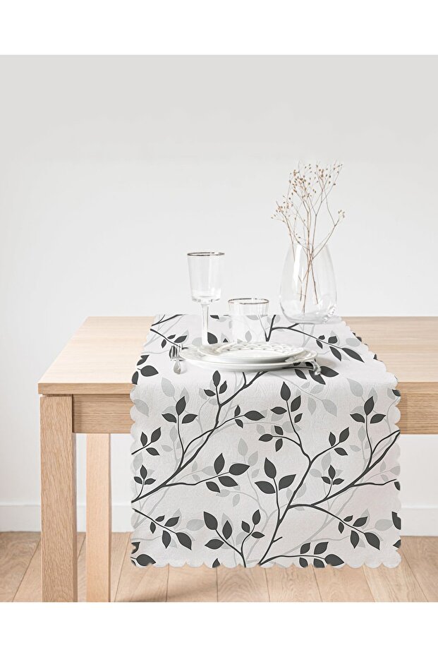 Digital Printed Decorative Runner with Gray Background and Leaf Pattern - 2