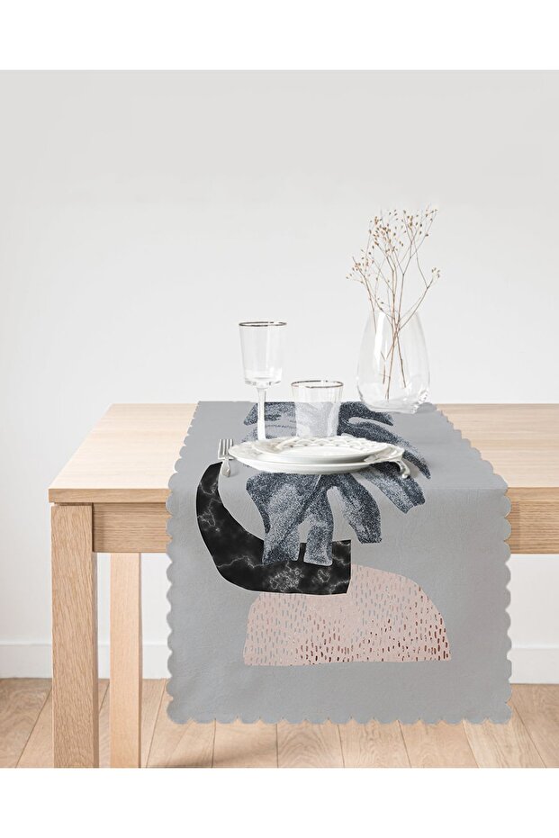 Tropical Leaf Pattern Printed Runner on Gray Background - 2