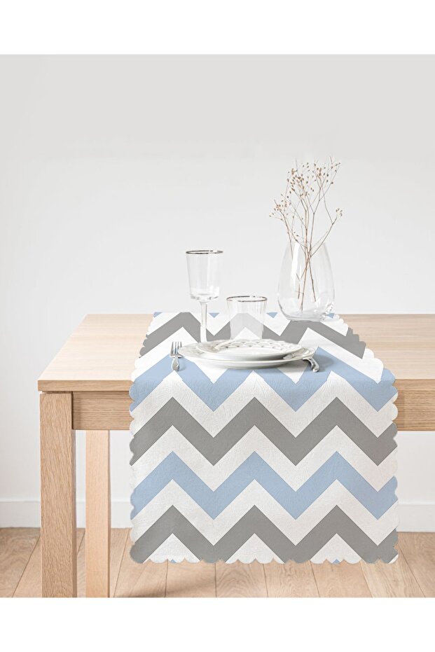 Gray Blue Zigzag Patterned Digital Printed Modern Runner - 2