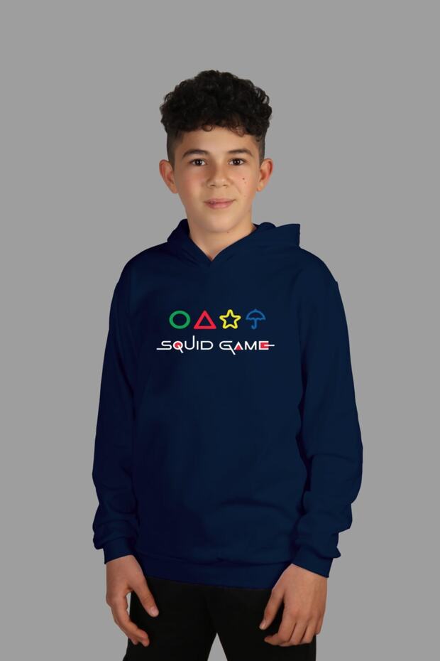 Kids Navy Blue Hooded Sweatshirt Squid Game Digital Printed Two Threads with Ribbed Inside