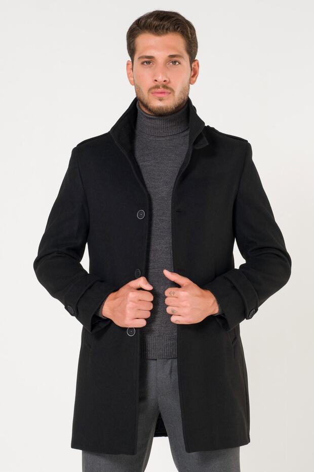 Men's Black Stand-Up Belted Collar Stamp Ezel Coat