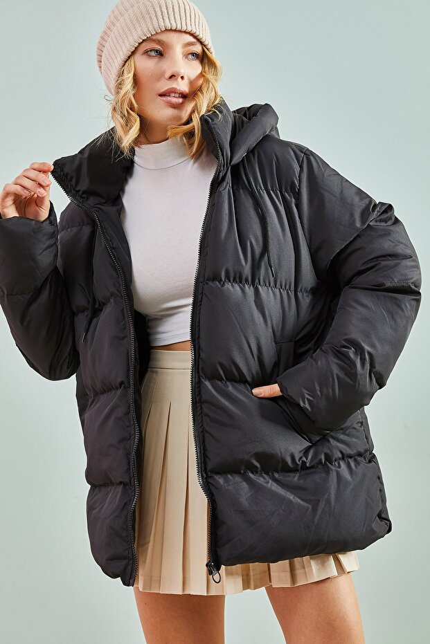 Women's Black Hooded Lace-Up Long Puffer Coat 30301009