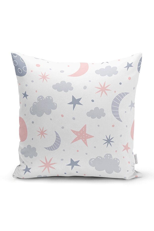 Special Design Digital Printed Modern Pillow Throw Pillow Cover with Cloud Moon and Star Motifs on White Background