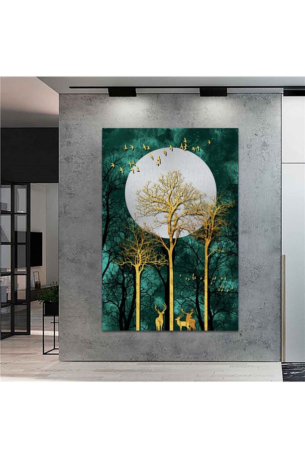Extra Dev Boyut Soyut Gece Orman Geyik Tasarım Kanvas Tablo (100cm X 150cm) - 1