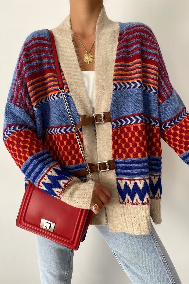 Women's Leather Detailed Navy Blue Red Beige Patterned Cardigan