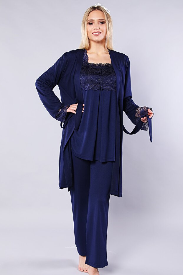 Women's Navy Blue Maternity Dressing Gown Pajama Set