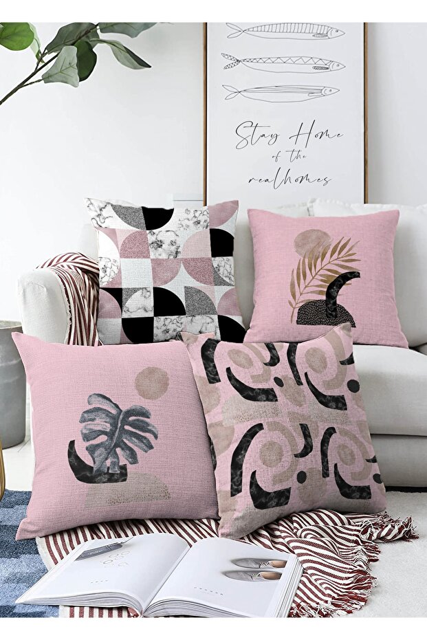 Modern 4-Piece Double-Sided Raschel Knitted Pillow Throw Pillow Cover Set with Abstract Drawing Design on Pink Background