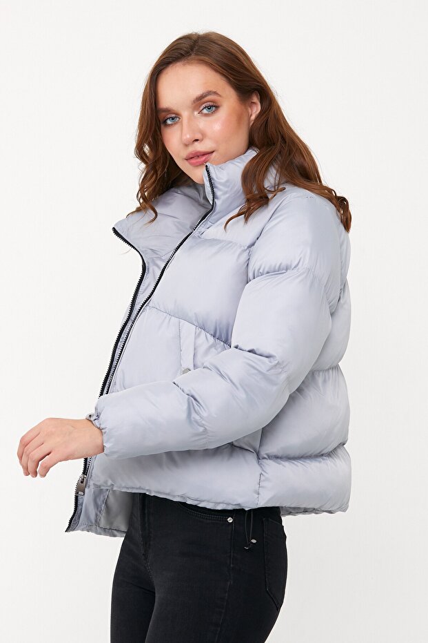 Kadın Gri Oversize Şişme Mont - 7