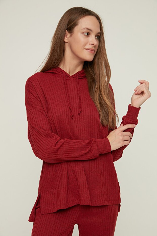 Bordo Fitilli Kapüşonlu Örme Pijama Takımı THMAW22AU0334 - 2