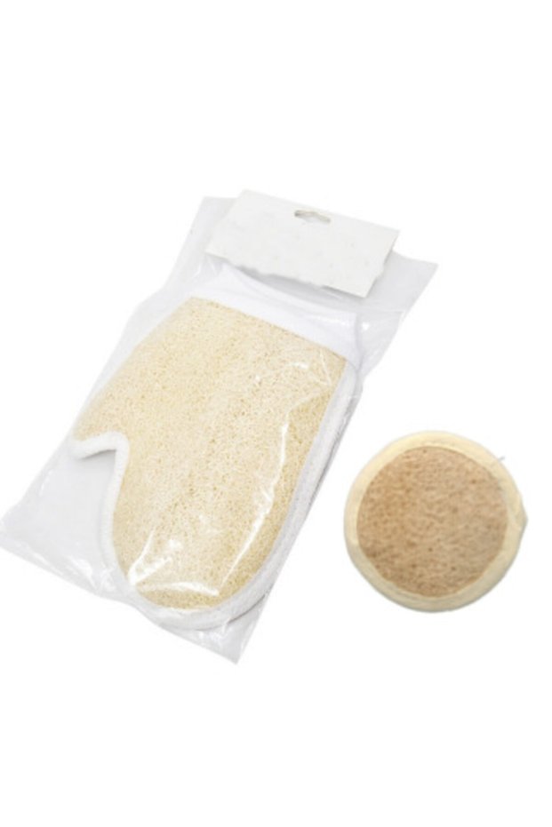 Natural Pumpkin Fiber Gloves And Small Oval Exfoliating Bath And Facial Scrub
