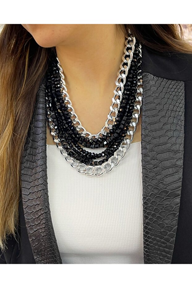 Black Crystal Necklace with Chain Detail