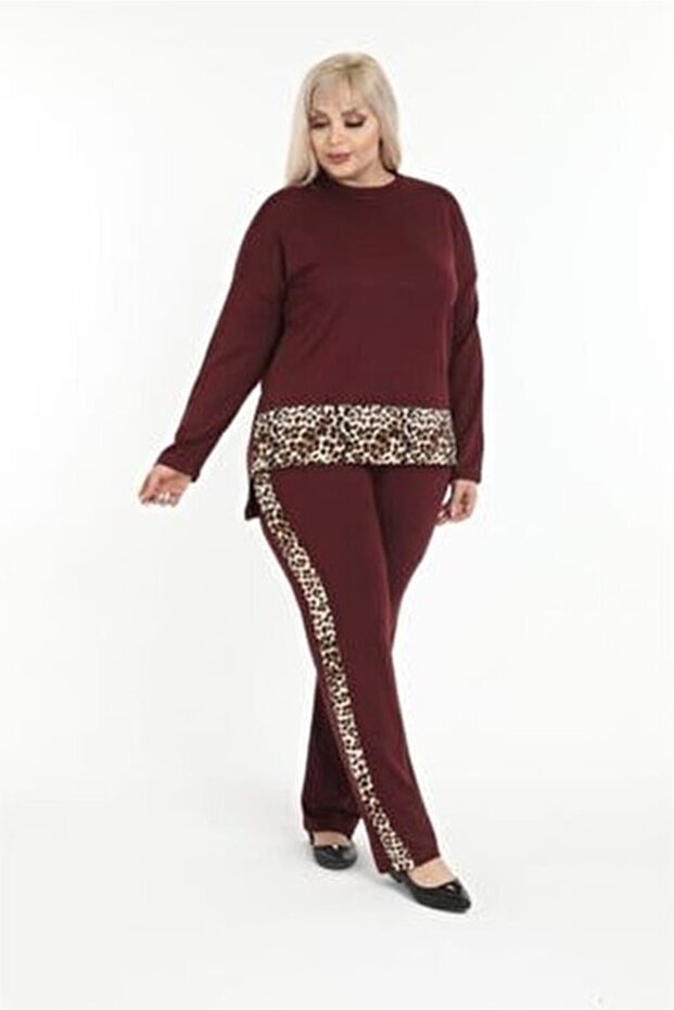 Plus Size Lycra Leopard Detail Tracksuit Set