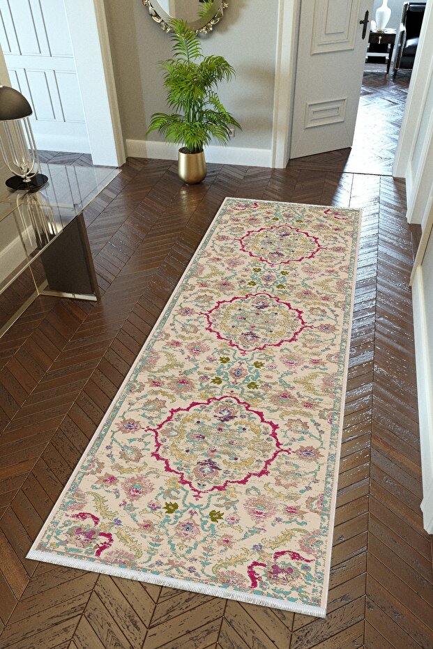 Ecru Non-Slip Based - Snake Washed Thin Digital Printed Runner Carpet - 1