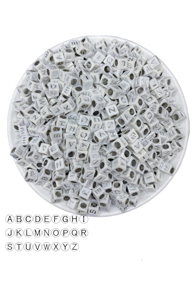 100gr Letter Beads, 6mm Silver Gilt Written Cube Letter Beads on White Background (100gr,~760 Pieces)
