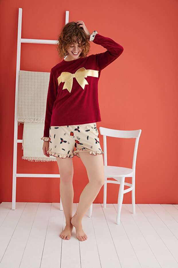 13331 Kadın Nakışlı Şort Takım - 1