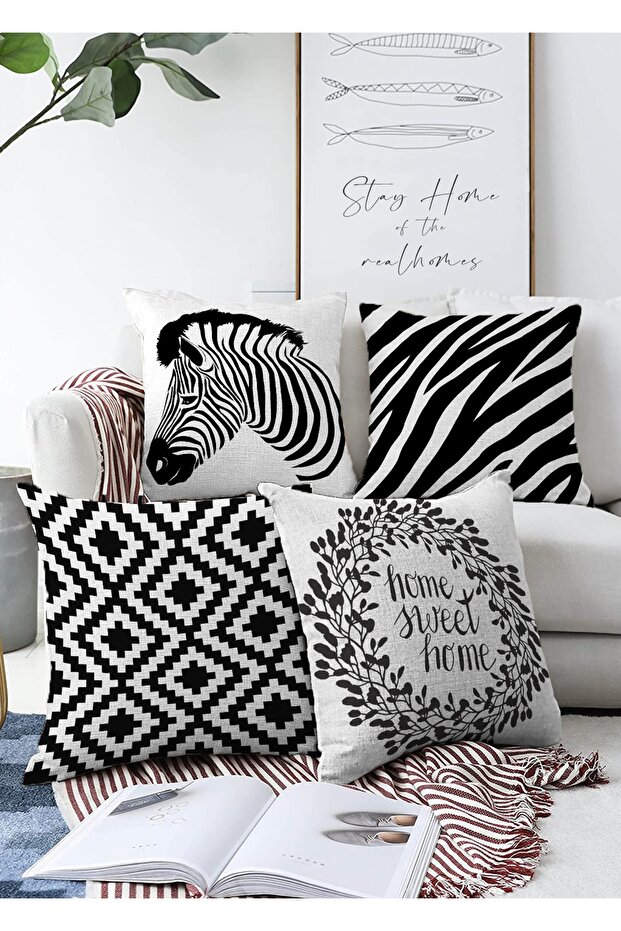 Black and White Concept 4-Piece Double Sided Raschel Knitted Pillow Throw Pillow Cover Set