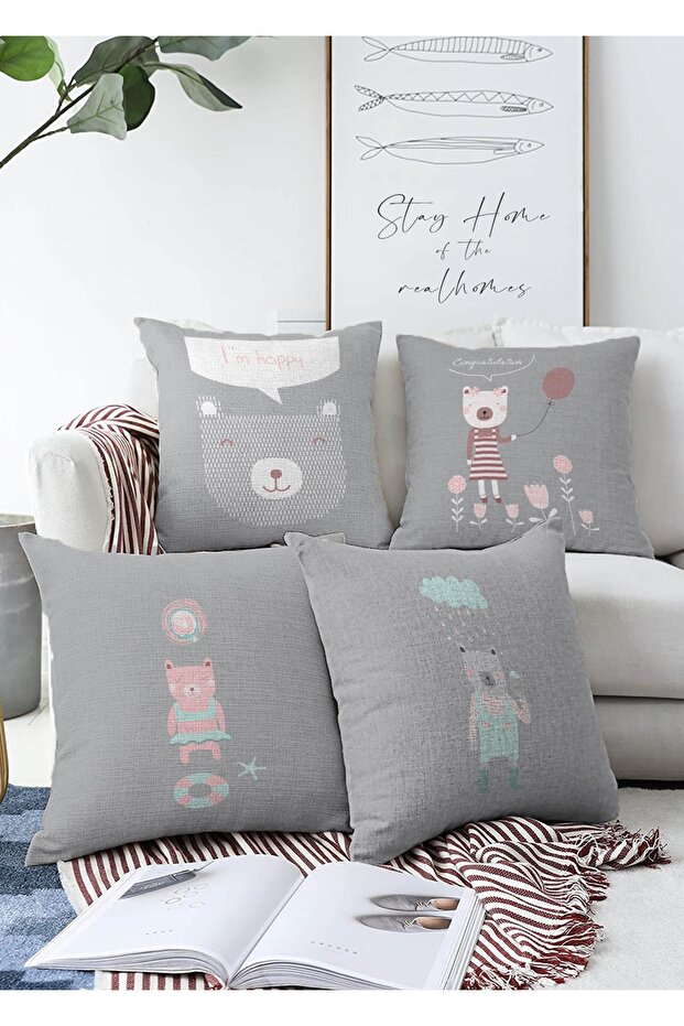 Double Sided I'm Happy 4-Piece Raschel Knitted Throw Pillow Cover Set